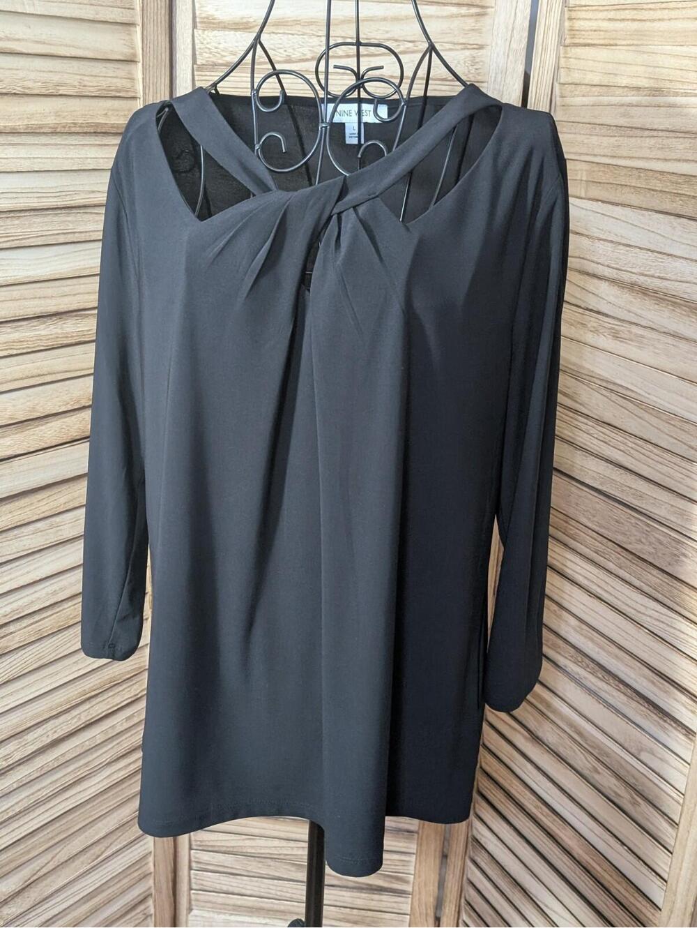 Nine West Woman's Blouse Black Neck-tie Sleeveless Lined Stretchy Size L